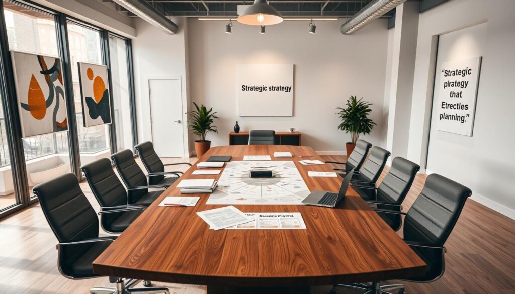 A modern, minimal office interior with a large wooden conference table, surrounded by comfortable chairs. The room has floor-to-ceiling windows, allowing natural light to flood the space. On the table, various documents, a laptop, and a strategic planning map are neatly arranged. The walls feature abstract artwork and inspirational quotes related to business strategy. The lighting is warm and inviting, creating a professional yet cozy atmosphere conducive to strategic discussions. A potted plant in the corner adds a touch of nature to the scene. The camera angle is slightly elevated, capturing the entire room and conveying a sense of order and thoughtfulness in the strategic planning process.