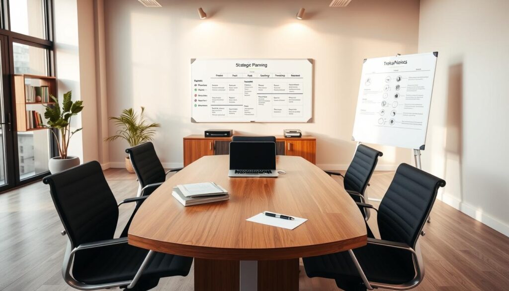 A modern, minimalist business office interior, illuminated by warm, natural lighting from large windows. In the foreground, a sleek wooden conference table surrounded by ergonomic office chairs. On the table, a laptop, a stack of documents, and a pen resting on a white notepad. In the middle ground, a large whiteboard on the wall showcases a neatly organized strategic planning diagram, with key objectives, timelines, and metrics. The background features neutral-toned walls, a potted plant, and shelves displaying books and documents, conveying a sense of professionalism and focus.