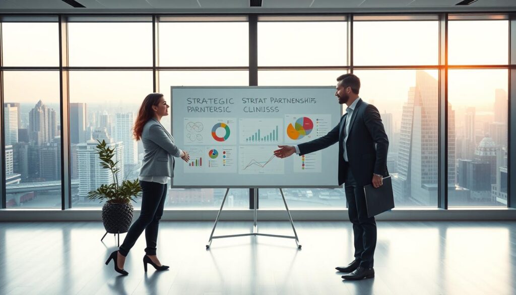 A modern, minimalist business office setting. In the foreground, two professionals shaking hands in a gesture of collaboration, conveying a sense of strategic partnership. The middle ground features a whiteboard with colorful diagrams and charts, representing the planning and analysis aspects of the "strategic partnerships" concept. The background showcases large windows overlooking a vibrant cityscape, bathed in soft, warm lighting to create an atmosphere of professionalism and growth. The overall scene conveys the idea of "strategic partnerships for clinics" in a visually appealing and conceptual manner.