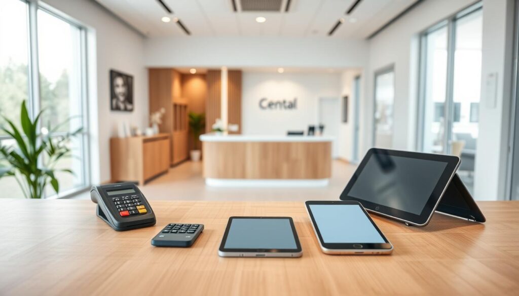 A modern, minimalist clinic reception counter with sleek, wooden surfaces and a minimalist aesthetic. In the foreground, a variety of payment options are displayed, including a credit card reader, a contactless payment terminal, and a tablet for mobile payments. The middle ground features a well-organized reception area with comfortable seating and subtle branding. The background showcases a clean, bright, and airy clinic interior with large windows letting in natural light. The overall mood is professional, welcoming, and focused on providing a seamless, tech-savvy payment experience for dental clinic clients.