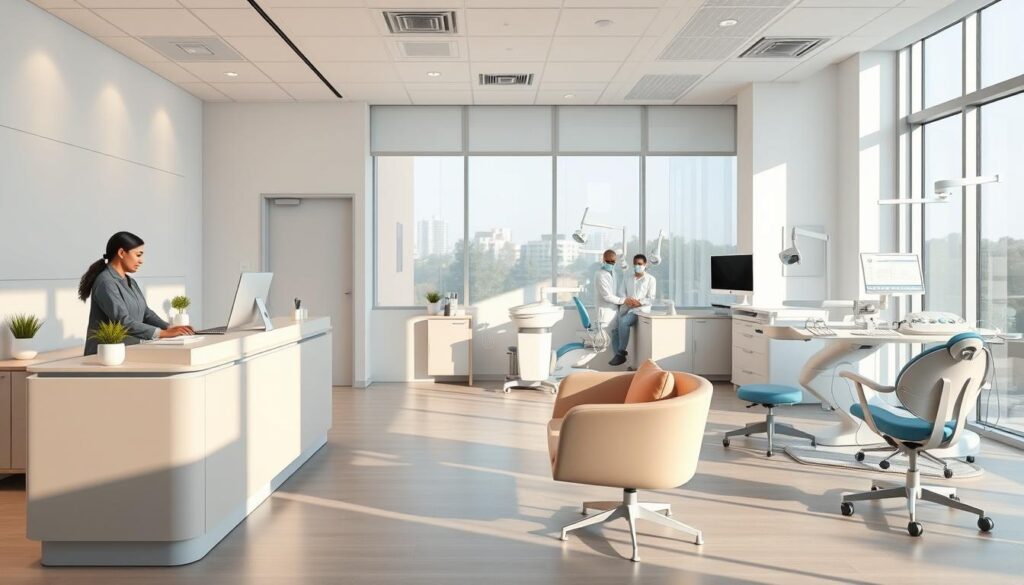 A modern, minimalist dental clinic interior with clean lines and a calming atmosphere. The foreground features a reception desk with a professional, well-dressed receptionist assisting a patient. The middle ground showcases a comfortable waiting area with ergonomic chairs and soothing decor. The background highlights the examination rooms, showcasing state-of-the-art dental equipment and a team of attentive dental professionals in sterile uniforms. Soft, natural lighting filters through large windows, creating a sense of openness and professionalism. The overall scene conveys a visually appealing and legally compliant dental practice, emphasizing patient safety and satisfaction.