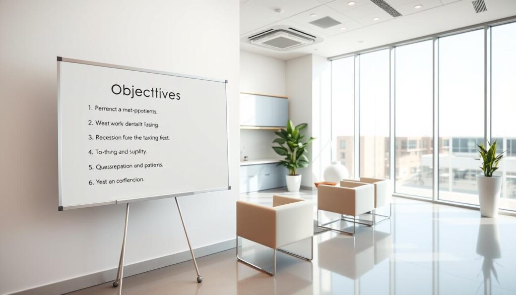A modern, minimalist dental clinic interior with clean lines and harmonious color palette. In the foreground, a large whiteboard displays a clear, concise list of objectives for the clinic, written in bold, sans-serif font. The middle ground features comfortable, ergonomic seating for patients and staff, creating a welcoming and professional atmosphere. The background showcases abundant natural light streaming in through large windows, reflecting off the polished surfaces and creating a sense of openness and tranquility. The overall composition conveys a sense of focus, organization, and a patient-centric approach to dental care.