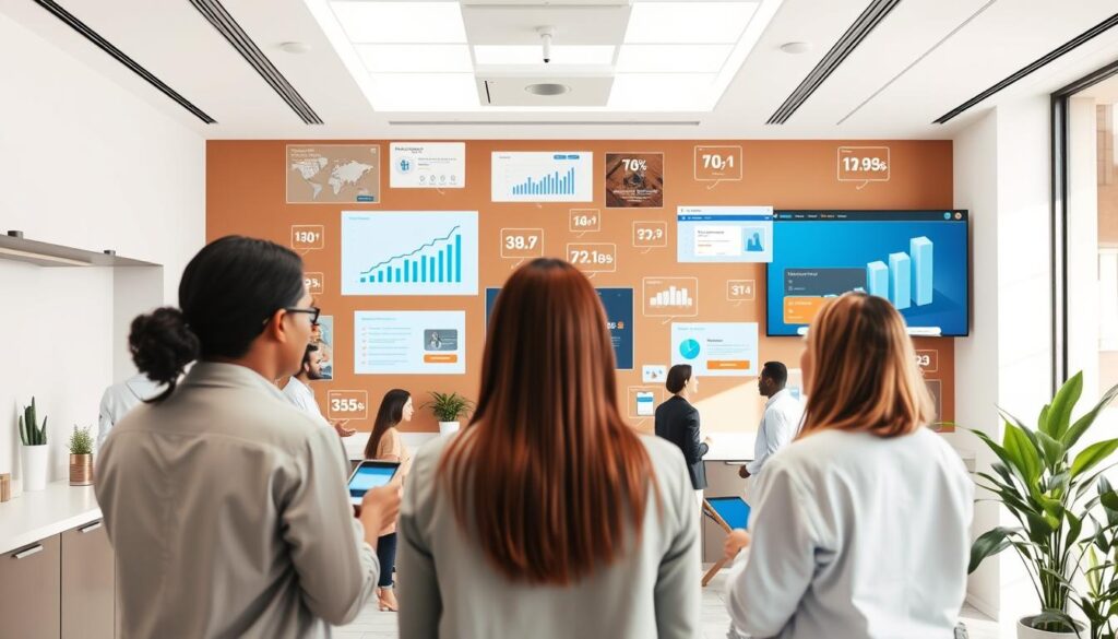 A modern, minimalist dental clinic interior with clean lines and natural light. In the foreground, a group of people, both patients and staff, engaged in conversation and digital interactions, representing the strategic use of digital marketing. The middle ground features various digital devices and screens displaying analytics, social media platforms, and targeted marketing campaigns. In the background, a warm, earthy color palette with hints of greenery, creating a calming and professional atmosphere. The overall scene conveys a sense of efficiency, innovation, and a patient-centric approach to digital marketing strategies for the dental practice.