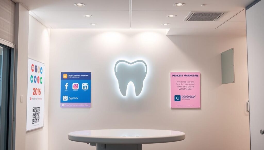 A modern, minimalist dental clinic interior with vibrant, energetic marketing visuals. A large, backlit logo takes center stage, surrounded by dynamic graphics showcasing effective marketing strategies - social media icons, QR codes, targeted ads, and patient testimonials. Soft, directional lighting illuminates the space, creating a professional yet approachable atmosphere. The overall composition conveys a sense of cutting-edge, data-driven marketing practices tailored to the dental industry.