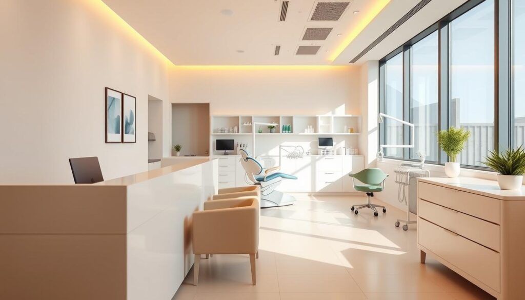 A modern, minimalist dental clinic interior. A clean, bright reception area with a sleek, white reception desk and comfortable seating. In the middle ground, an examination room with state-of-the-art dental equipment and a dentist chair. The background features a wall with minimalist shelving, displaying dental care products. Warm, natural lighting floods the space, creating a calming, professional atmosphere. The overall aesthetic conveys reliability, simplicity, and attention to detail.