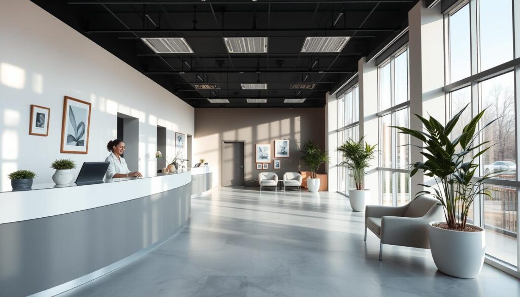 A modern, minimalist dental clinic reception area. In the foreground, a sleek, glass-topped reception desk with a friendly receptionist greeting patients. The middle ground features comfortable, ergonomic seating in a soothing color palette, with potted plants and framed artwork on the walls creating a warm, inviting ambiance. The background showcases an abundance of natural light streaming in through large windows, illuminating the space with a soft, calming glow. The overall scene conveys a sense of professionalism, efficiency, and patient-centric design, reflecting the best practices of dental clinic management.