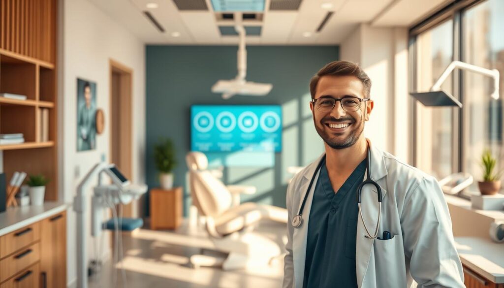 A modern, minimalist dental clinic setting in warm natural light. In the foreground, a friendly dentist greets a new patient with a warm smile, guiding them into the inviting space. Tasteful decor and high-end medical equipment create an atmosphere of professionalism and comfort. In the background, a digital display showcases the clinic's services and awards, subtly capturing the attention of prospective patients. The overall scene conveys a sense of trust, expertise, and a patient-centric approach to dental care, drawing in new clients with its welcoming ambiance.