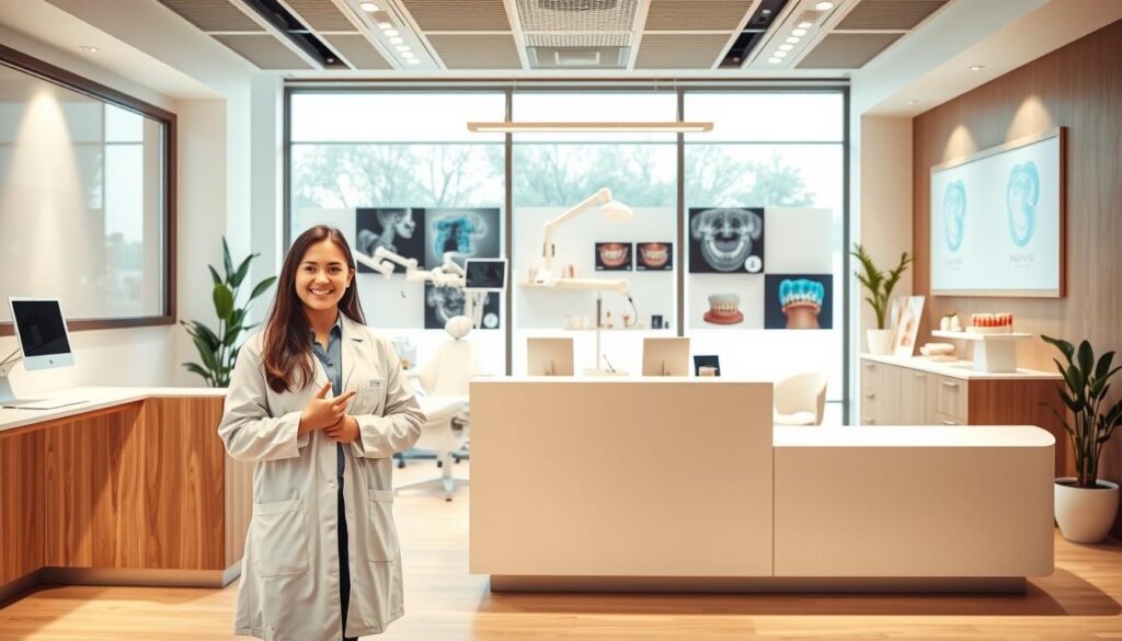 A modern, minimalist dental clinic with a warm, inviting atmosphere. In the foreground, a young woman in a white coat stands in front of a sleek, minimalist reception desk, smiling and gesturing towards the clinic's services. In the middle ground, various dental equipment and imagery, such as a dental chair, X-ray machine, and teeth models, are displayed in a visually appealing manner. The background features large windows with natural lighting, potted plants, and subtle branding elements that reinforce the clinic's professionalism and attention to detail. The overall impression is one of a well-designed, patient-centric dental practice that prioritizes both aesthetics and quality of care.