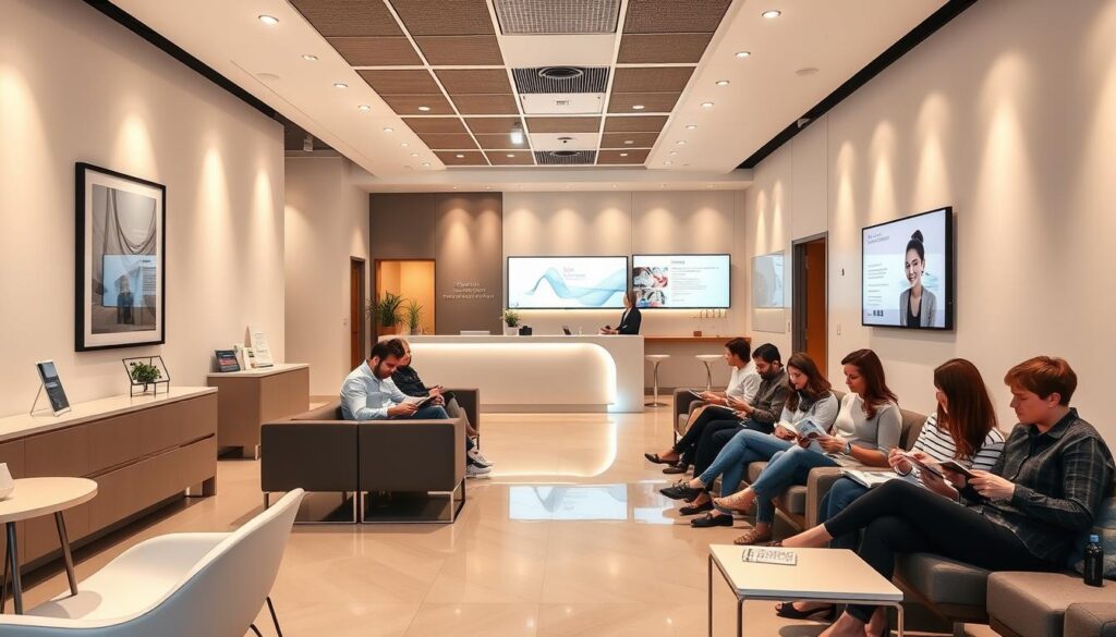 A modern, minimalist dental clinic with clean lines and sleek, contemporary design. In the foreground, a group of patients in the waiting room, comfortably seated on stylish furniture, engaged with their smartphones or reading magazines. The middle ground features a reception desk with a friendly, knowledgeable receptionist assisting patients. The background showcases the clinic's branding and marketing materials, including framed artwork, digital displays highlighting the clinic's services, and subtle signage. The lighting is warm and inviting, creating a calming atmosphere. The overall scene conveys a sense of professionalism, innovation, and a patient-centric approach to dental care.