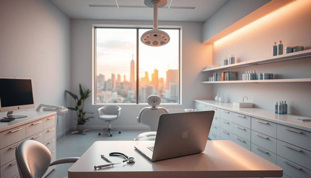 A modern, minimalist dental office interior with clean lines and a calming, professional atmosphere. In the foreground, a dentist's desk with a laptop, stethoscope, and various dental tools neatly arranged, conveying a sense of precision and attention to detail. In the middle ground, a large window overlooking a city skyline, bathed in warm, golden-hour lighting that casts a soft, inviting glow throughout the space. The background features simple, neutral-toned walls and shelves displaying dental hygiene products, creating a sense of order and expertise. The overall composition evokes a feeling of competence, efficiency, and a focus on providing a valuable, profitable service to patients.