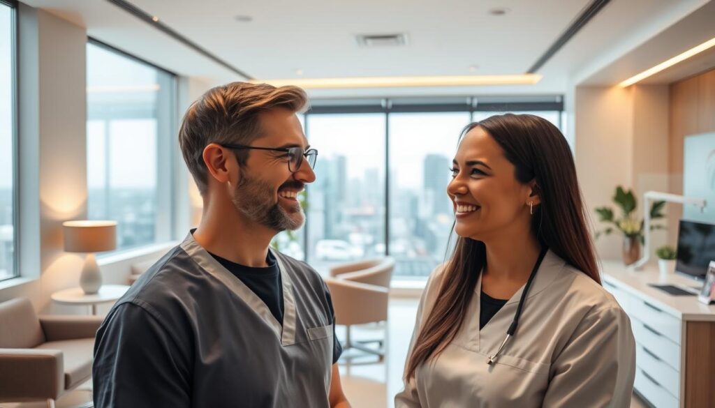 A modern, minimalist dental office with warm lighting and a welcoming atmosphere. In the foreground, a smiling dentist welcomes a patient, their friendly interaction conveying a sense of trust and care. The middle ground features well-appointed waiting and consultation areas, with sleek furniture and clean lines. In the background, large windows offer a scenic cityscape view, hinting at the practice's urban, professional setting. The overall mood is one of approachability, competence, and attention to detail - qualities that would attract new patients seeking a positive dental experience.