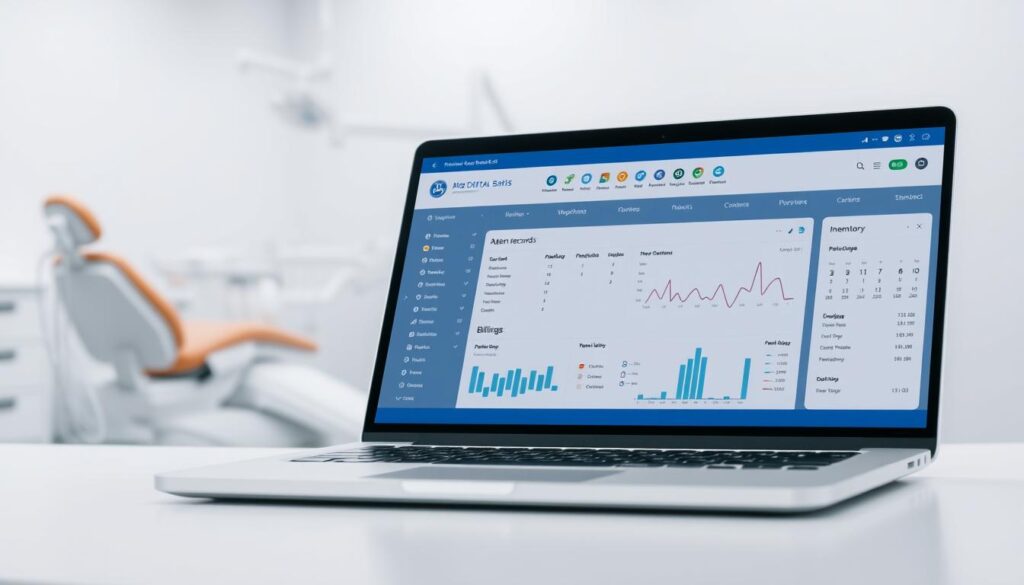 A modern, minimalist dental practice management software interface, displayed on a sleek, silver laptop screen. The foreground features a clean, user-friendly dashboard with intuitive icons and menus for patient records, appointment scheduling, billing, and inventory management. The middle ground showcases a detailed view of a patient's medical history, complete with graphs and charts. In the background, a blurred 3D model of a dental chair and equipment conveys the software's integration with physical clinic operations. The lighting is soft, creating a professional and trustworthy atmosphere. The overall composition emphasizes the software's efficiency, organization, and seamless integration with the dental practice.
