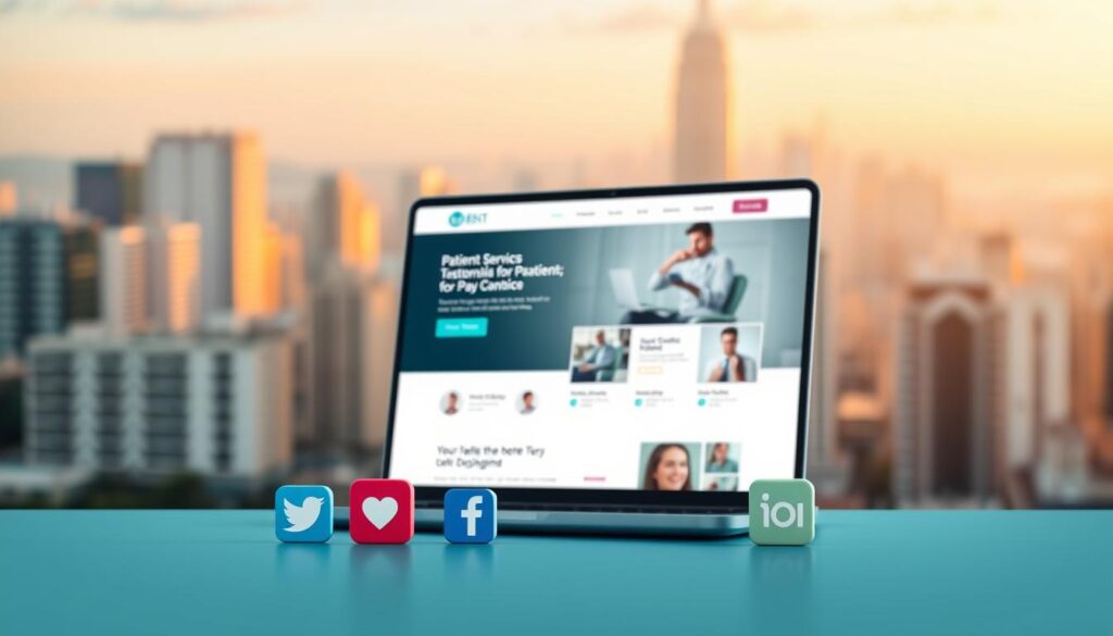 A modern, minimalist digital marketing design for a dental clinic. In the foreground, clean, colorful icons representing various social media platforms - Facebook, Instagram, Twitter, LinkedIn. In the middle ground, a sleek, responsive website layout showcasing dental services, patient testimonials, and appointment booking. In the background, a blurred cityscape with a warm, professional atmosphere. Soft, directional lighting highlights the digital elements, conveying a sense of efficiency, connectivity, and patient-centric care. The composition emphasizes the importance of a strong online presence and digital marketing strategies for today's dental practices.