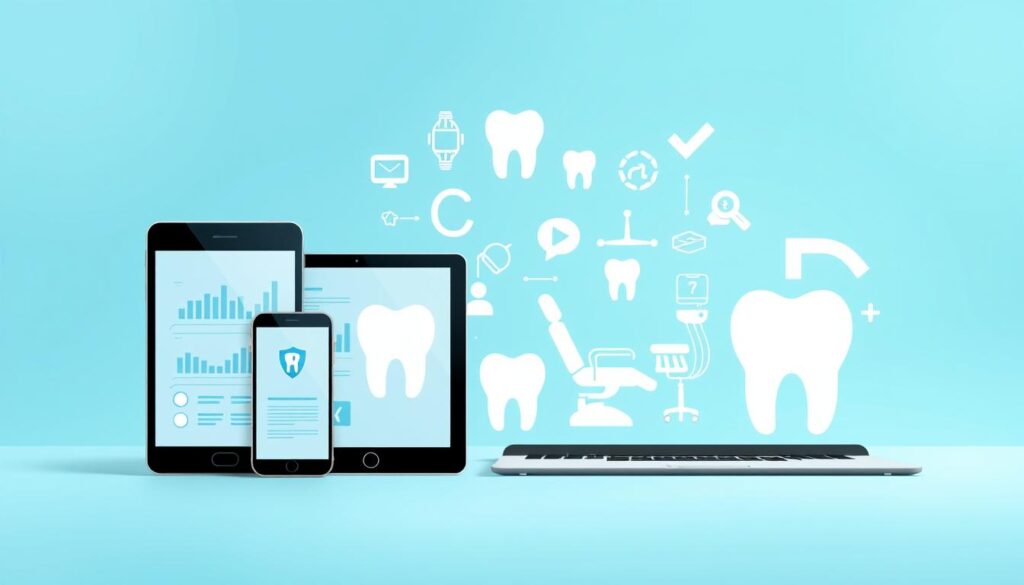 A modern, minimalist digital marketing illustration for dentists. In the foreground, digital devices such as a smartphone, tablet, and laptop, each displaying marketing concepts like analytics, social media, and SEO. The middle ground features dentistry-themed icons, like teeth, dental chairs, and toothbrushes, seamlessly integrated with the digital elements. The background has a clean, gradient-based color scheme, with soft lighting and a subtle sense of depth, creating a professional and polished atmosphere. The overall composition emphasizes the intersection of digital marketing strategies and the dental industry, conveying the idea of a comprehensive, technology-driven approach to dental practice promotion.