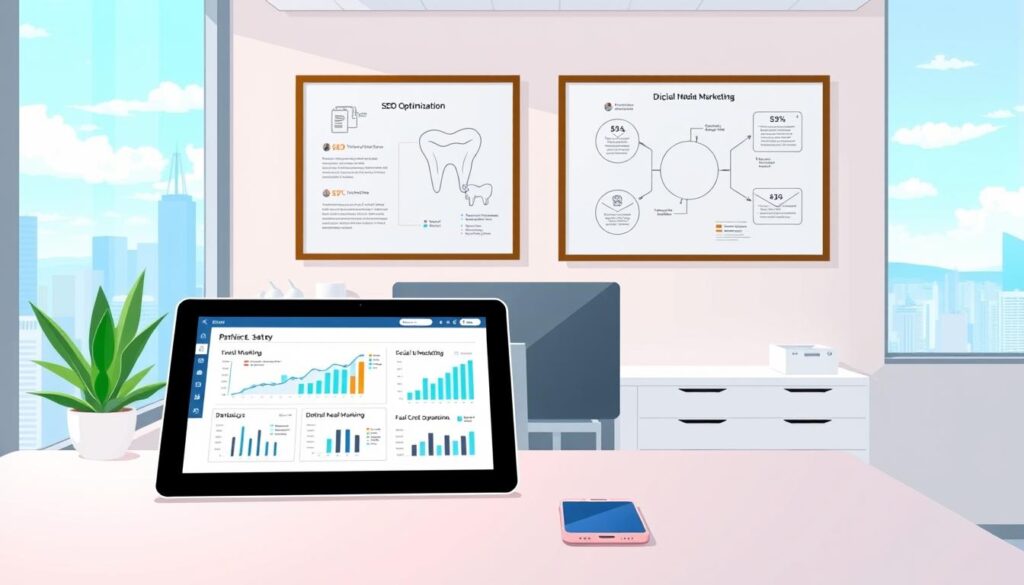 A modern, minimalist digital marketing strategy illustration for dentists. A clean, well-lit office interior with a large window overlooking a scenic cityscape. In the foreground, a dentist's desk with a tablet displaying analytics and digital marketing metrics. On the walls, framed diagrams of SEO optimization, social media marketing, and email campaign strategies. On the desk, a stylish desktop computer and smartphone. The overall mood is professional, tech-savvy, and patient-focused.