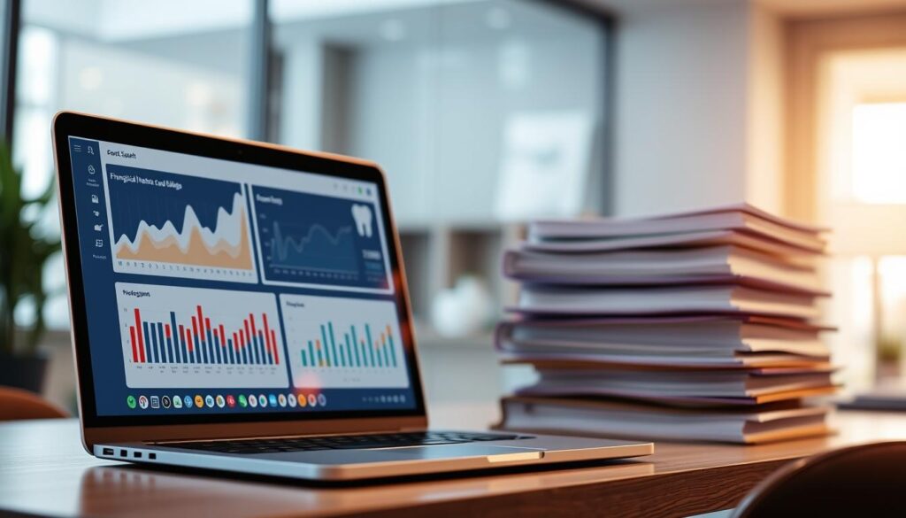 A modern, minimalist financial management dashboard for a dental clinic. In the foreground, a laptop screen displays charts, graphs, and financial data, with a clean, professional interface. In the middle ground, a neat stack of folders and documents, representing organized financial records. The background features a blurred, elegant office setting with a warm, natural lighting, conveying a sense of efficiency and control. The overall composition emphasizes the importance of financial oversight and data-driven decision making for the sustainability of the dental practice.