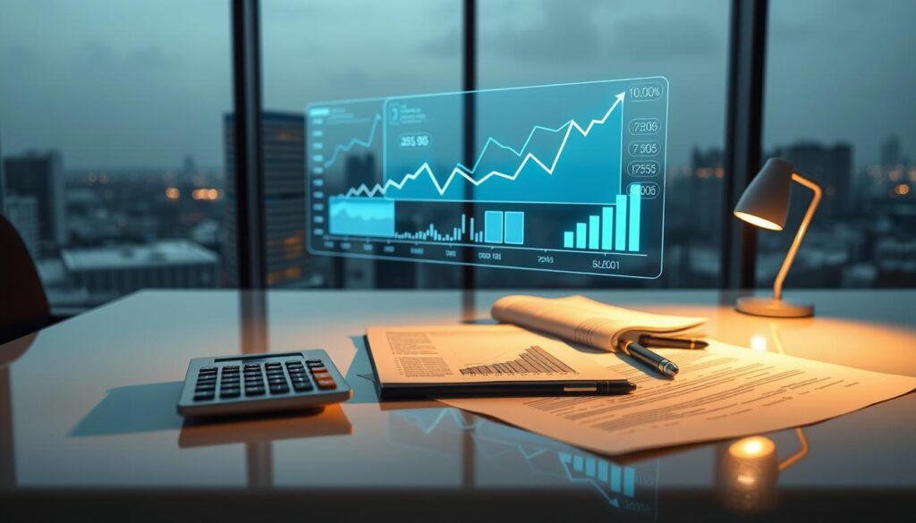A modern, minimalist financial planning and pricing concept. In the foreground, a calculator, pen, and financial documents are neatly arranged on a sleek, glass desk, illuminated by soft, directional lighting. The middle ground features a 3D holographic display projecting line graphs, charts, and budgeting tools, conveying data-driven decision making. In the background, a large window overlooks a cityscape, suggesting a professional office setting. The overall atmosphere is one of efficiency, precision, and a forward-thinking approach to financial management.