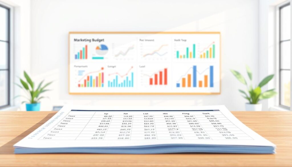 A modern, minimalist illustration of an efficient marketing budget. In the foreground, a clean, neatly arranged spreadsheet with precise financial figures and percentages. Behind it, a whiteboard with colorful icons and charts, representing various marketing strategies and performance metrics. The background features a serene, airy workspace with natural lighting, subtle geometric patterns, and a sense of organization and professionalism. The overall mood is one of clarity, control, and data-driven decision-making, conveying the idea of an efficient, well-planned marketing budget.