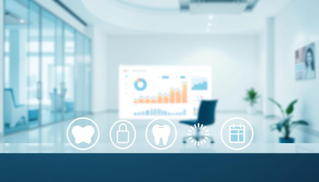 A modern, minimalist illustration showcasing the key indicators of successful dental practice management. In the foreground, prominent graphical icons representing metrics like patient satisfaction, staff productivity, and financial performance. The middle ground features a clean, sleek dashboard with interactive data visualizations. The background is a softly blurred professional medical office setting, with subtle geometric patterns and a calming color palette of blues and grays. Bright, natural lighting casts a sense of clarity and professionalism over the entire scene. The overall mood is one of data-driven insight, efficient workflow, and a commitment to excellence in dental clinic operations.