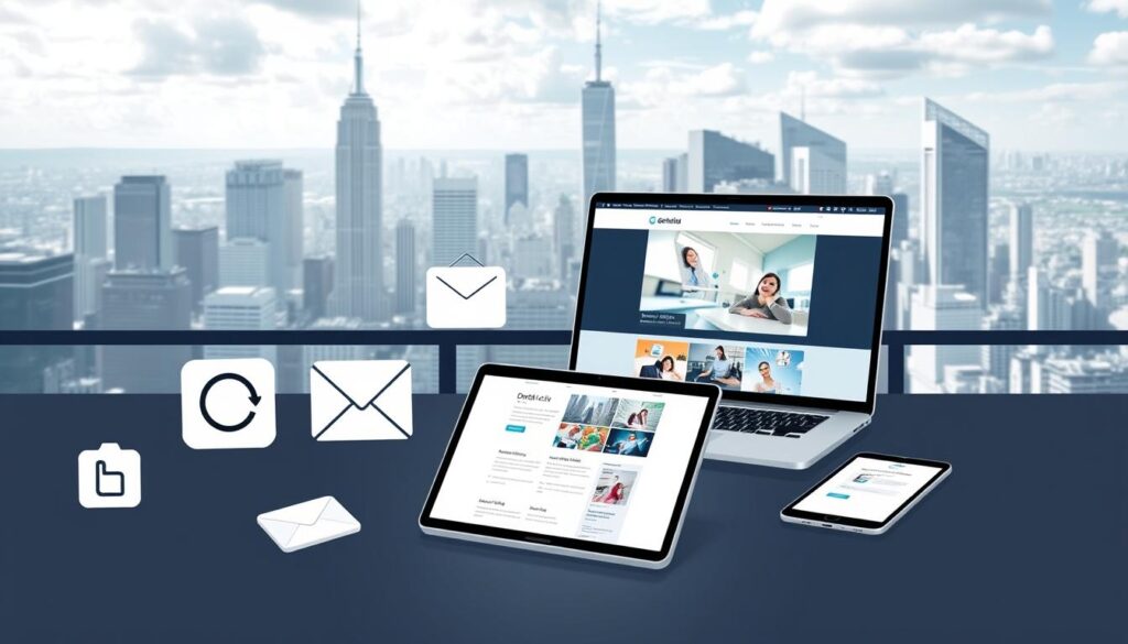 A modern, minimalist illustration showcasing various marketing channels for a dental clinic. In the foreground, clean icons representing social media, email, website, and online advertising. In the middle ground, a sleek laptop displaying a dental clinic website, with a smartphone and tablet nearby. In the background, a cityscape with skyscrapers and an overarching sky, conveying a professional, tech-savvy atmosphere. Crisp, high-contrast lighting emphasizes the digital elements. The composition is balanced and cohesive, guiding the viewer's eye through the different marketing touchpoints.