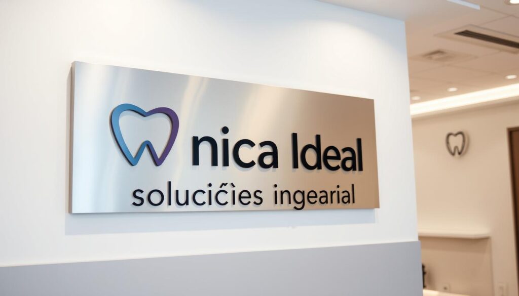 A modern, minimalist logo design for "Clínica Ideal soluções integradas" displayed on a sleek, metallic sign against a clean, white backdrop. The logo features a simple, abstract icon that evokes the idea of integration and solutions, with a subtle gradient that adds depth and sophistication. The sign is mounted on a wall in a professional, well-designed dental clinic interior, with soft, indirect lighting casting a warm, inviting glow. The overall scene conveys a sense of efficiency, expertise, and a commitment to comprehensive dental care solutions.