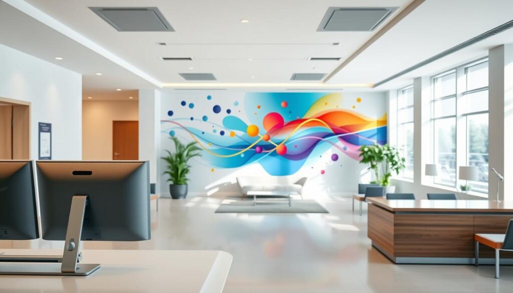 A modern, minimalist medical clinic interior with a spacious, well-lit reception area. In the foreground, a receptionist's desk with a sleek computer monitor and tablet for patient check-in. The middle ground features an inviting waiting lounge with contemporary furniture and greenery, conveying a sense of calm and professionalism. The background showcases a vibrant, colorful wall mural depicting the integration of management, marketing, and healthcare, using abstract shapes and dynamic lines. Soft, diffused lighting creates a warm, welcoming atmosphere, while large windows allow natural light to flood the space. The overall scene reflects the cohesive harmony between efficient clinic management and impactful healthcare marketing.