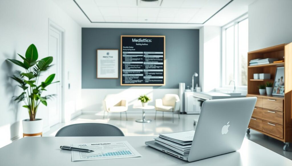 A modern, minimalist medical office interior with clean lines and white walls. In the foreground, a doctor's desk with a laptop, pen, and a stack of medical documents. On the wall behind the desk, a framed medical ethics code or guidelines. The middle ground features a waiting area with comfortable chairs and a potted plant. Soft, natural lighting filters through large windows, creating a calming and professional atmosphere. The background showcases medical equipment, such as an examination table and a cabinet with medical supplies, all neatly organized. The overall composition conveys a sense of order, trust, and compliance with medical advertising regulations.