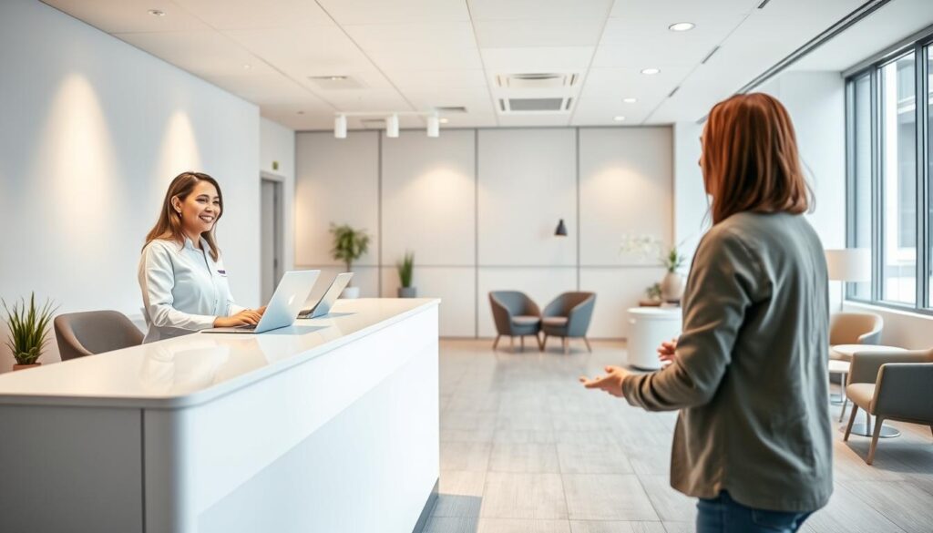 A modern, minimalist office setting with a friendly, conversational atmosphere. In the foreground, a smiling dental receptionist greets a patient at a sleek, uncluttered reception desk, conveying a sense of efficient, personalized service. The middle ground features comfortable seating and subtle decor, suggesting a warm, welcoming environment. The background offers a glimpse of the dental clinic, with clean, contemporary furnishings and neutral colors that create a calming, professional ambiance. Soft, diffused lighting illuminates the scene, enhancing the sense of openness and approachability. The overall composition conveys a seamless blend of technology and human connection, reflecting the concept of "conversational marketing" in a dental practice setting.