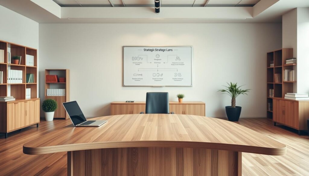 A modern, minimalist office setting with a large, curved desk prominently displayed in the foreground. The desk is made of sleek, polished wood, and features a clean, uncluttered layout with a laptop, a few carefully arranged office supplies, and a potted plant. The middle ground showcases a wall-mounted whiteboard or digital display, showing a strategic business diagram or plan. The background is filled with bookshelves, filing cabinets, and other professional office elements, all bathed in a warm, natural lighting that creates a serene, focused atmosphere. The overall composition conveys a sense of thoughtful, strategic planning and decision-making within a well-organized, efficient workspace.