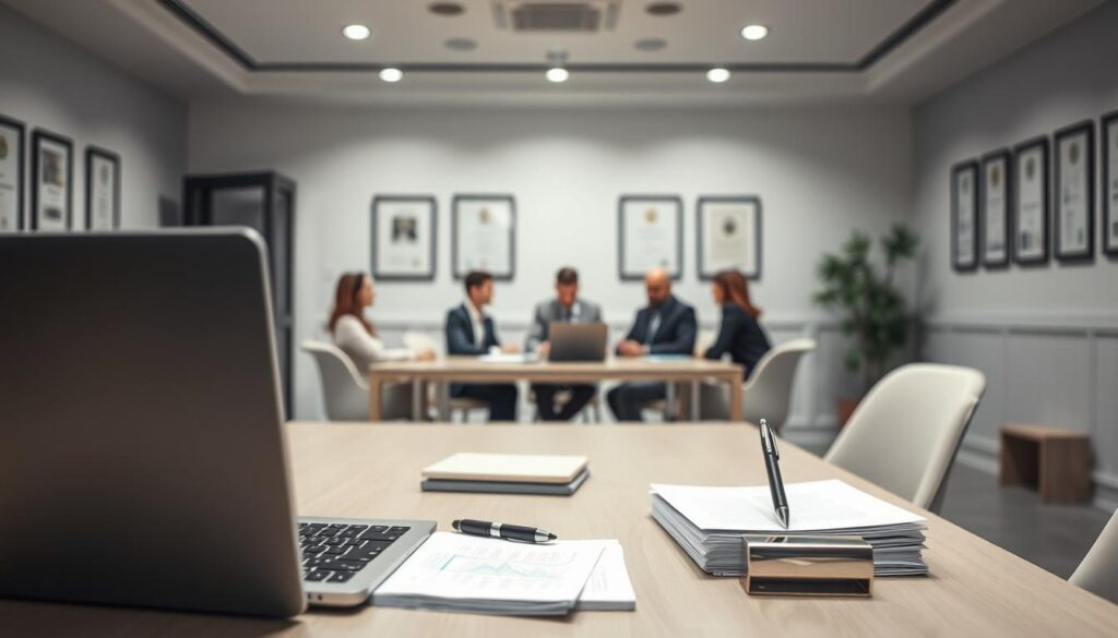 A modern, minimalist office setting with a professional, yet inviting atmosphere. In the foreground, a desk with a laptop, a stack of documents, and a stylish pen holder. Behind it, a group of individuals sitting around a conference table, engaged in a serious discussion, representing the selective process for dental management courses. The lighting is soft and even, creating a sense of focus and clarity. The walls are adorned with framed degrees and certifications, conveying the academic rigor of the program. The overall mood is one of diligence, collaboration, and a commitment to excellence in dental practice management.