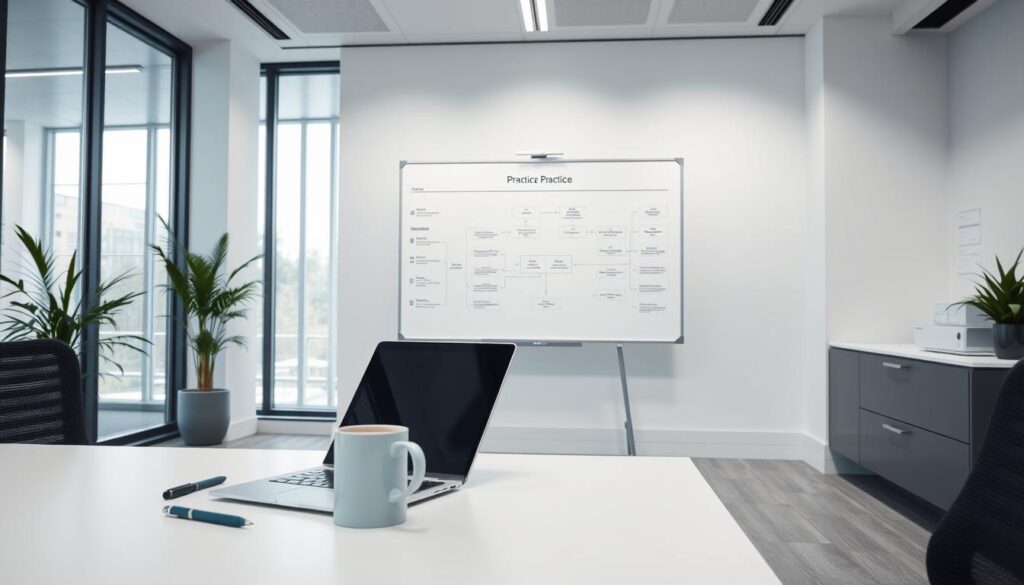 A modern, minimalist office setting with efficient dental practice management at the center. In the foreground, a neatly organized desk with a laptop, pen, and coffee mug. The middle ground features a whiteboard with a well-structured workflow diagram, indicating a strategic approach to practice operations. In the background, floor-to-ceiling windows allow natural light to flood the space, creating a bright and professional atmosphere. The color palette is a harmonious blend of cool grays, whites, and accents of teal, reflecting a sense of clarity and organization. The overall scene conveys a well-managed, technology-driven dental practice that prioritizes efficiency and streamlined processes.