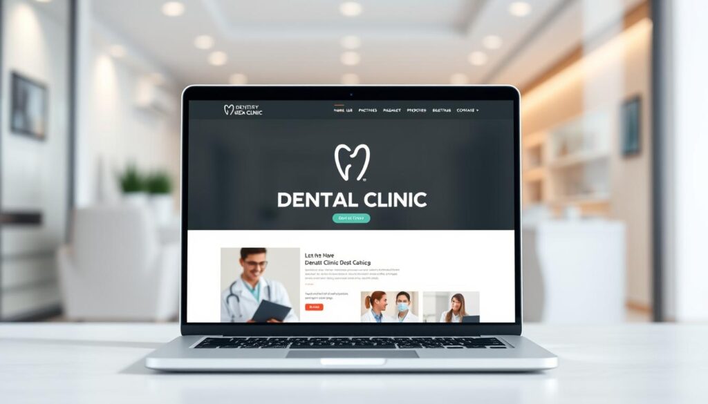 A modern, minimalist online presence for a dental clinic, featuring a clean and professional-looking website interface displayed on a laptop or desktop computer screen. The screen is positioned in the middle ground, with a blurred out background showcasing the clinic's interior or exterior. The website design incorporates the clinic's branding, including a sleek logo, neutral color palette, and high-quality imagery of dental services. The overall scene conveys a sense of trustworthiness, expertise, and accessibility, creating a strong online impression for potential patients.
