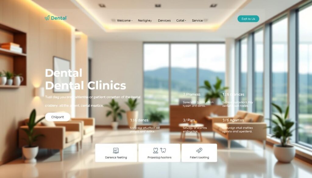 A modern, minimalist website design for a dental clinic, featuring a clean layout with a large hero image showcasing the clinic's interior. The foreground depicts a welcoming reception area with comfortable seating, potted plants, and warm lighting. The middle ground highlights the clinic's service offerings, conveyed through simple icons and concise text. The background creates a soothing atmosphere with soft, natural colors and a blurred landscape view through large windows, suggesting a serene, professional environment. The overall composition should convey a sense of trustworthiness, efficiency, and patient-centric care, aligning with the article's focus on creating an effective website for a dental clinic.