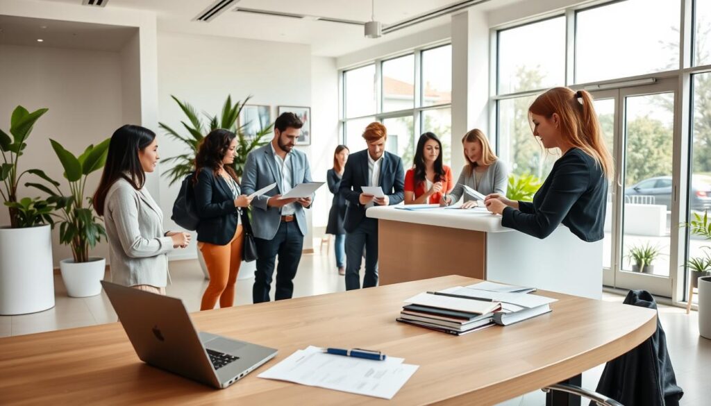 A modern office interior, bright and welcoming, with a large desk in the foreground featuring a laptop, pen, and papers. In the middle ground, several people are engaged in various stages of the registration process, filling out forms, signing documents, and conversing with a helpful receptionist. The background showcases a minimalist design with clean lines, potted plants, and floor-to-ceiling windows allowing natural light to flood the space. The overall atmosphere is one of professionalism, efficiency, and a positive customer experience.