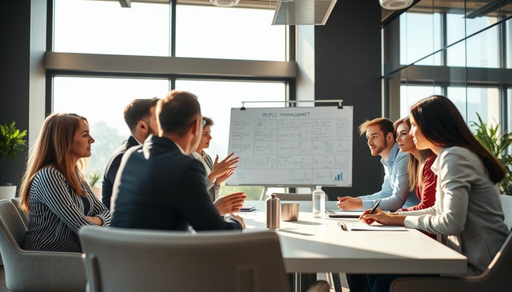 A modern office interior, featuring a group of professionals engaged in collaborative discussions around a conference table. Warm, natural lighting filters through large windows, creating a productive and inviting atmosphere. In the foreground, a diverse team of individuals - a mix of genders, ages, and ethnicities - lean in, gesturing animatedly as they brainstorm ideas. In the middle ground, a whiteboard displays neatly organized notes and diagrams, reflecting the team's focus on effective people management strategies. The background showcases sleek, minimalist furnishings, conveying a sense of professionalism and organization. The overall scene depicts a dynamic, engaged workforce dedicated to optimizing their operations through thoughtful people management practices.