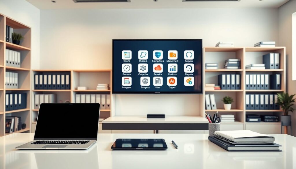 A modern office interior with a clean and organized aesthetic. In the foreground, a sleek desk with a laptop, tablet, and a few neatly arranged office supplies. The middle ground features a large monitor displaying various productivity and management software icons. In the background, shelves filled with business management books, folders, and files, creating a sense of professionalism and efficiency. The lighting is soft and diffused, emphasizing the technological tools and creating a warm, productive atmosphere. The overall composition conveys a harmonious blend of technology and management, reflecting the seamless integration of digital solutions in the day-to-day operations of a dental practice.