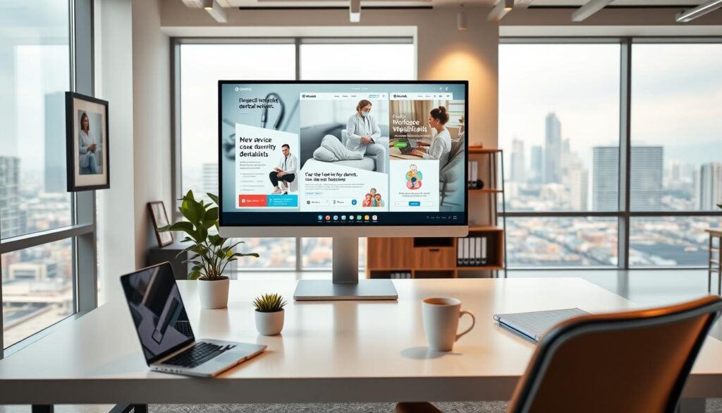 A modern office interior with a large computer monitor displaying various online advertisements for dental clinics. In the foreground, a clean, minimalist desk with a stylish laptop, potted plant, and a cup of coffee. The middle ground features tasteful decor elements like framed artwork and shelves with medical books. Warm, directional lighting illuminates the scene, creating a professional and inviting atmosphere. The background showcases floor-to-ceiling windows overlooking a vibrant cityscape, emphasizing the online, digital nature of the advertisements. The overall composition conveys a sense of a thoughtfully designed workspace dedicated to promoting dental services through strategic online marketing.