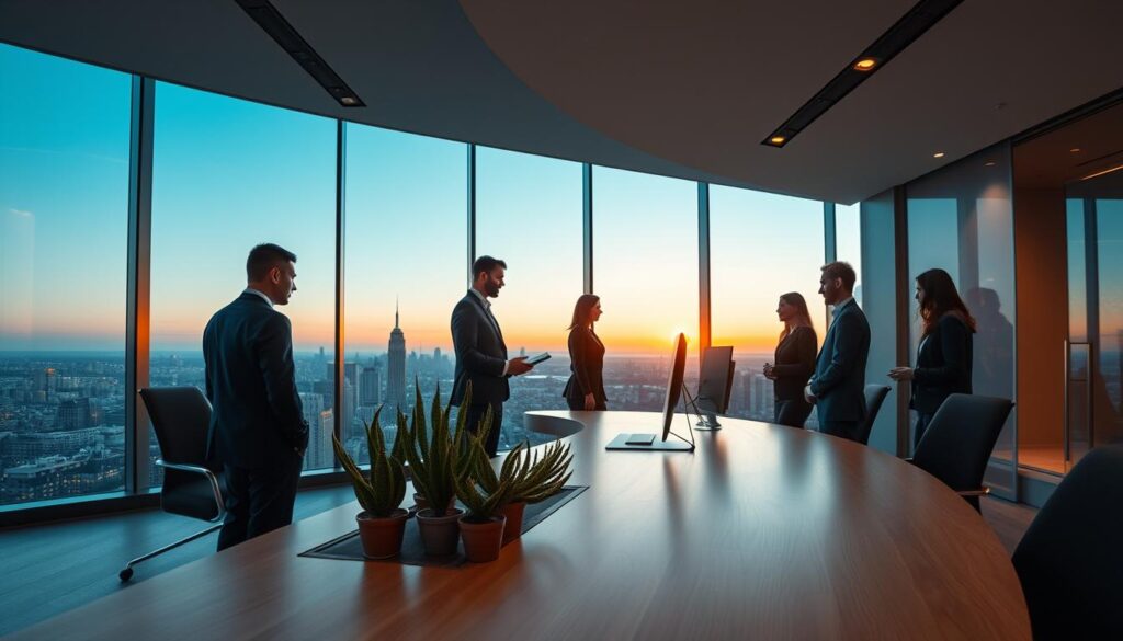 A modern office interior with a sleek, minimalist design. In the foreground, a large, curved desk made of polished wood and metal, with a minimalist computer setup and a few succulents adding a touch of greenery. In the middle ground, several people in business attire engaged in a collaborative discussion, their faces obscured to protect privacy. The background features a floor-to-ceiling window that offers a panoramic view of a bustling cityscape, with the sky fading from azure to warm hues as the sun sets. Subtle, indirect lighting illuminates the space, creating a sense of sophistication and tranquility. The overall atmosphere conveys a forward-thinking, technology-driven work environment focused on professional development and innovation.