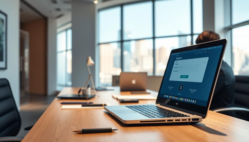 A modern office setting with a clean, professional atmosphere. In the foreground, a laptop and various office supplies sit on a sleek, wooden desk. The middle ground features a person sitting at the desk, intently focused on the laptop screen as they navigate an online course registration portal. Soft, directional lighting illuminates the scene, casting subtle shadows and creating a sense of depth. The background showcases a minimalist office interior with floor-to-ceiling windows, offering a glimpse of a vibrant, urban cityscape outside. The overall composition conveys a sense of productivity, education, and a commitment to professional development.