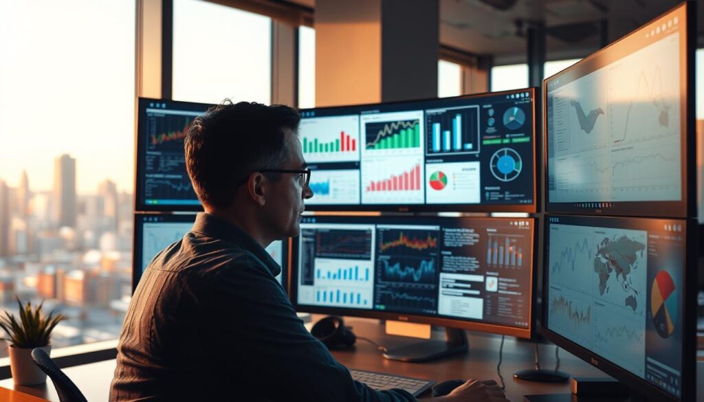 A modern office setting with a data analyst intently studying a series of charts, graphs, and reports displayed on multiple computer monitors. Soft, warm lighting illuminates the workspace, creating a contemplative atmosphere. The analyst's expression conveys deep concentration as they meticulously examine the data, seeking insights that will inform critical business decisions. In the background, a large window offers a scenic view of a vibrant city skyline, symbolizing the connection between the data analysis and the real-world impact on the organization. The composition emphasizes the importance of data-driven decision-making, with the analyst as the central figure guiding the process.