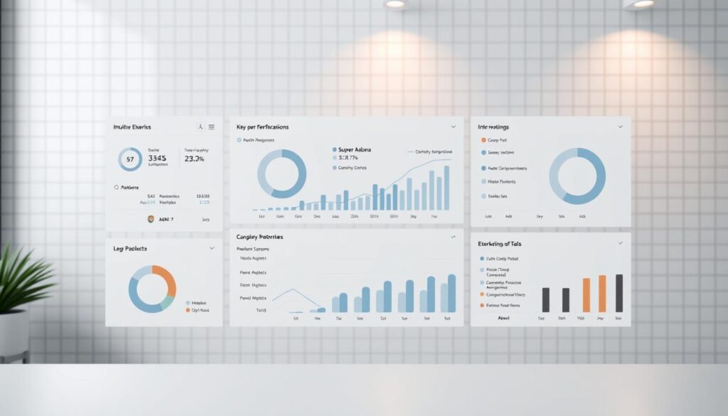 A modern, professional, and clean software dashboard interface showcasing key performance metrics for a dental clinic's operational management. The foreground displays intuitive data visualizations and interactive reporting tools. The middle ground features a minimalist user interface with clean typography and navigation menus. The background has a subtle grid pattern and muted color palette, creating a sense of technological sophistication. The lighting is soft and diffused, with a slight vignette effect to draw the viewer's attention to the central interface. The overall composition conveys efficiency, organization, and a streamlined approach to dental practice management.