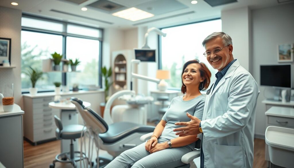 A modern, professional dental clinic interior with an inviting and calming atmosphere. In the foreground, a dentist in a white coat is warmly greeting a patient seated in a comfortable dental chair. The patient's expression conveys a sense of trust and ease. The middle ground showcases various state-of-the-art dental equipment and tools, conveying a high level of care and expertise. In the background, the clinic features tasteful decor, soothing lighting, and large windows allowing natural light to flood the space, creating an overall peaceful and reassuring ambiance. The scene evokes a positive patient-dentist relationship and a focus on patient-centric care.