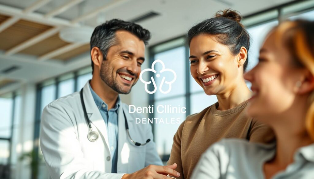 A modern, professional dental clinic's social media feed, showcasing a warm, inviting atmosphere. In the foreground, a doctor in a white coat interacts with a smiling patient. In the middle ground, the clinic's logo and branding elements are prominently displayed. The background features a clean, minimalist interior design with natural lighting filtering through large windows. The overall mood evokes a sense of trust, expertise, and personalized care. Crisp, high-resolution imagery captures the clinic's commitment to excellence in both medical and digital realms.