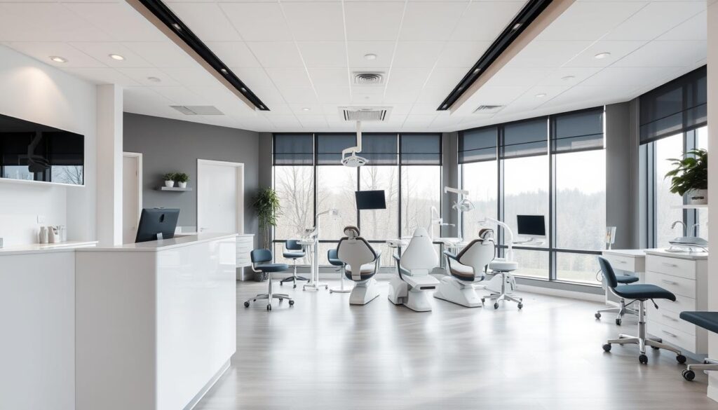 A modern, professional dental office interior with a stylish, minimalist design. The foreground features a sleek reception desk with clean lines and a minimalist aesthetic. In the middle ground, there are various dental chairs and equipment, all arranged in a visually appealing and organized manner. The background showcases large windows that flood the space with natural light, creating a bright and airy atmosphere. The overall mood is one of efficiency, professionalism, and patient-centric care, reflecting the successful integration of management and marketing principles in this dental practice.