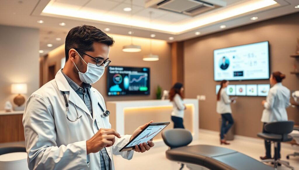 A modern, professional dental office interior with a warm, welcoming atmosphere. In the foreground, a dentist using a tablet to showcase digital marketing strategies and analytics to a patient. In the middle ground, a receptionist at the front desk interacting with patients, showcasing the seamless integration of digital tools into the practice's workflow. The background features sleek, minimalist decor, with a large screen displaying social media engagement and website traffic. The lighting is soft and uniform, creating a calming, clinical ambiance. The overall scene conveys the importance of digital marketing in elevating the efficiency and patient experience of a thriving dental practice.