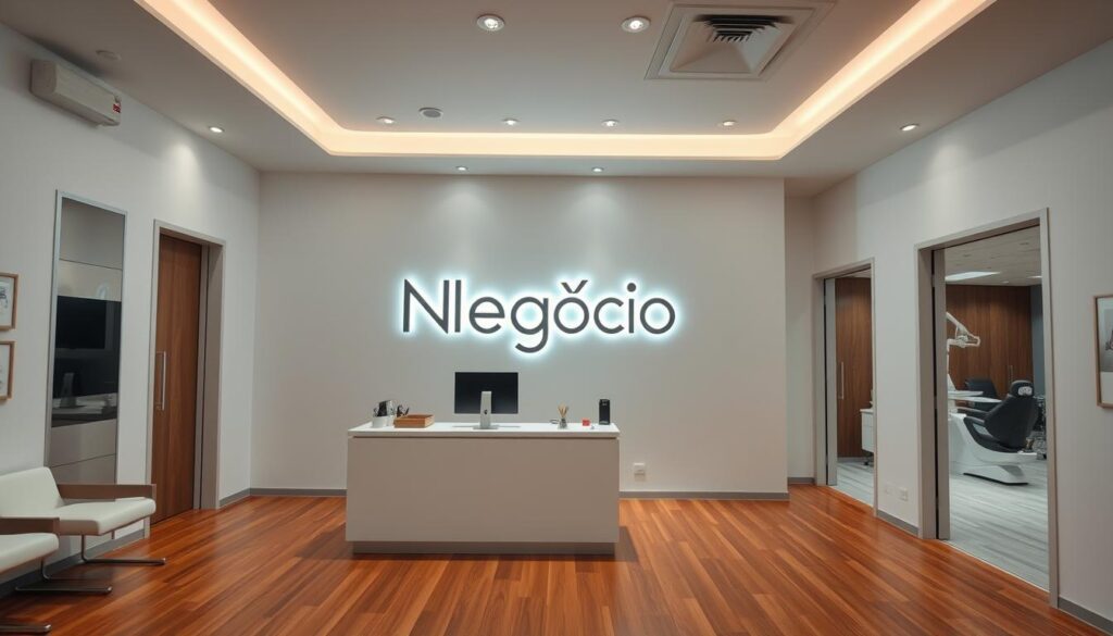 A modern, professional-looking dental clinic interior with a warm, inviting atmosphere. The main focal point is a large, prominent sign that reads "Google Negócio" in a sleek, minimalist font, illuminated by soft, diffused lighting. The space features clean, minimalist design elements, such as white walls, polished hardwood floors, and modern furniture. The middle ground showcases a reception desk with a computer monitor and office supplies, while the background highlights a row of examination rooms with state-of-the-art medical equipment visible through the open doorways. The overall mood conveys a sense of efficiency, professionalism, and attention to detail, reflecting the high-quality dental services offered.