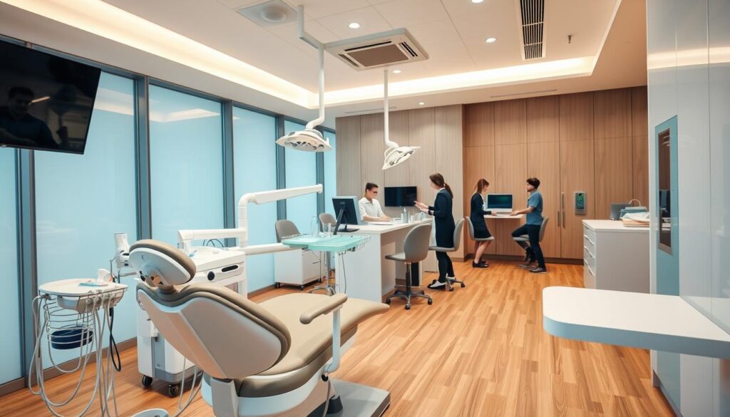 A modern, professional-looking dental clinic interior with sleek, minimalist design. In the foreground, a dental chair with various medical equipment and supplies, conveying the challenges of managing the complex operations of a dental practice. In the middle ground, several dental staff members engaged in consultations and procedures, highlighting the need for effective team management. The background features a tasteful, calming color palette, floor-to-ceiling windows, and state-of-the-art technology, suggesting the importance of creating an inviting and efficient environment for patients. The lighting is warm and natural, creating a serene, professional atmosphere. The composition emphasizes the balance between clinical functionality and patient-centric design, capturing the key challenges faced in managing a modern dental clinic.