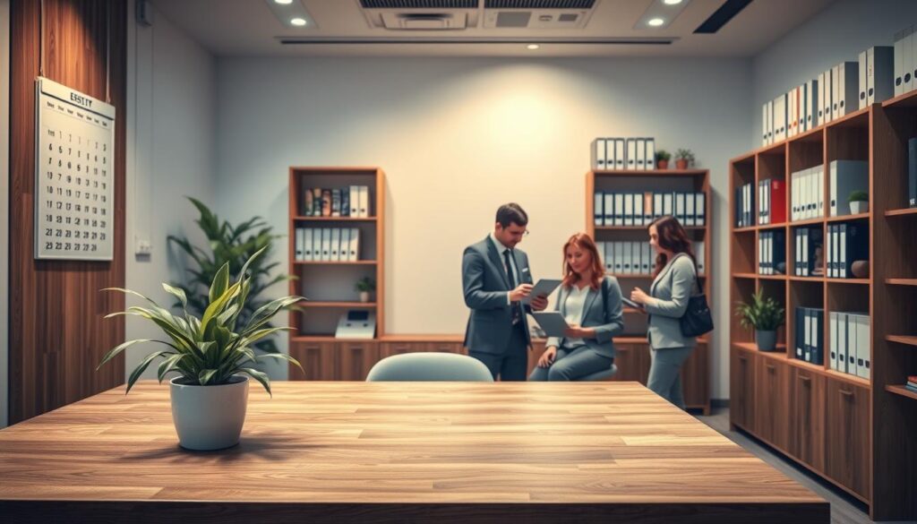 A modern, professional-looking office interior with a large wooden desk, a potted plant, and a wall calendar in the foreground. In the middle ground, a team of business people gathered around a laptop, discussing marketing strategies. In the background, shelves filled with business books and folders, conveying a sense of organized management. Soft, directional lighting casts a warm glow, creating a productive and collaborative atmosphere. The overall scene suggests a well-planned dental clinic management process.