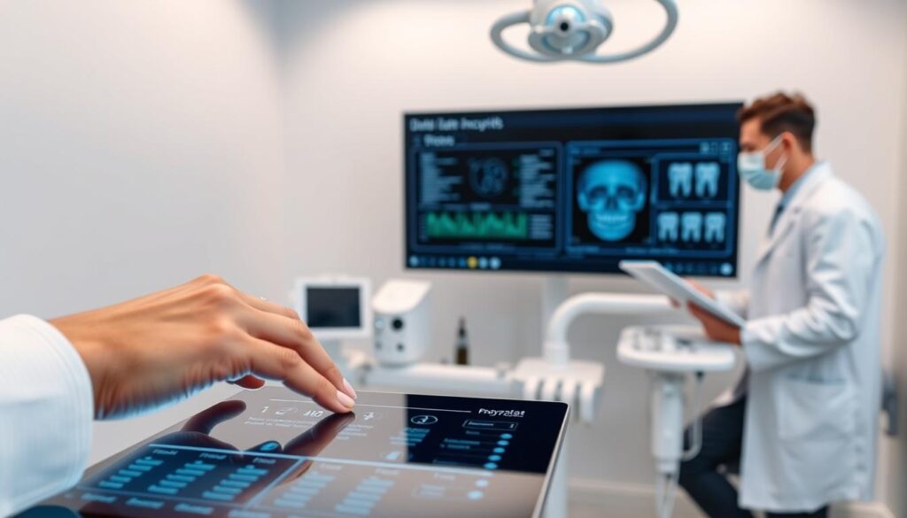 A modern, secure digital dental office with state-of-the-art data protection measures. In the foreground, a patient's hand rests on a sleek touchscreen display, while a dentist in the background reviews encrypted patient records on a high-resolution monitor. Subtle yet impactful lighting highlights the advanced technology, creating a sense of trust and professionalism. The middle ground features an array of diagnostic devices seamlessly integrated into the minimalist workspace, exemplifying the innovations transforming the dental industry. An overall atmosphere of safety, privacy, and technological sophistication permeates the scene.