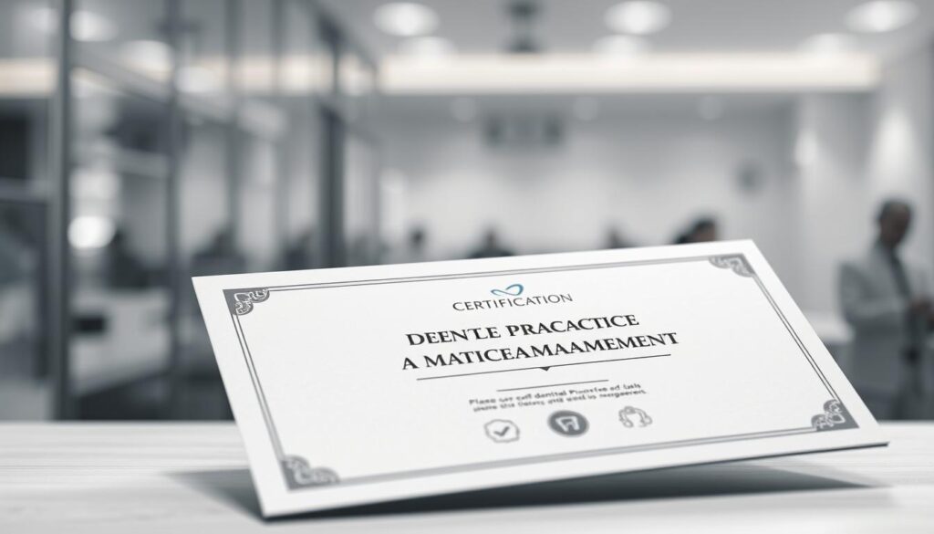 A modern, sleek certification related to dental practice management. In the foreground, a minimalist, monochrome certificate design with clean lines and a tactile, embossed texture. The middle ground features stylized icons or graphics symbolizing the core aspects of dental practice management, such as financial planning, patient record-keeping, and staff coordination. The background has a blurred, out-of-focus cityscape or medical facility, suggesting the professional, business-oriented nature of the certification. Soft, directional lighting creates depth and highlights the textural elements. The overall mood is one of authority, competence, and a commitment to excellence in dental practice administration.